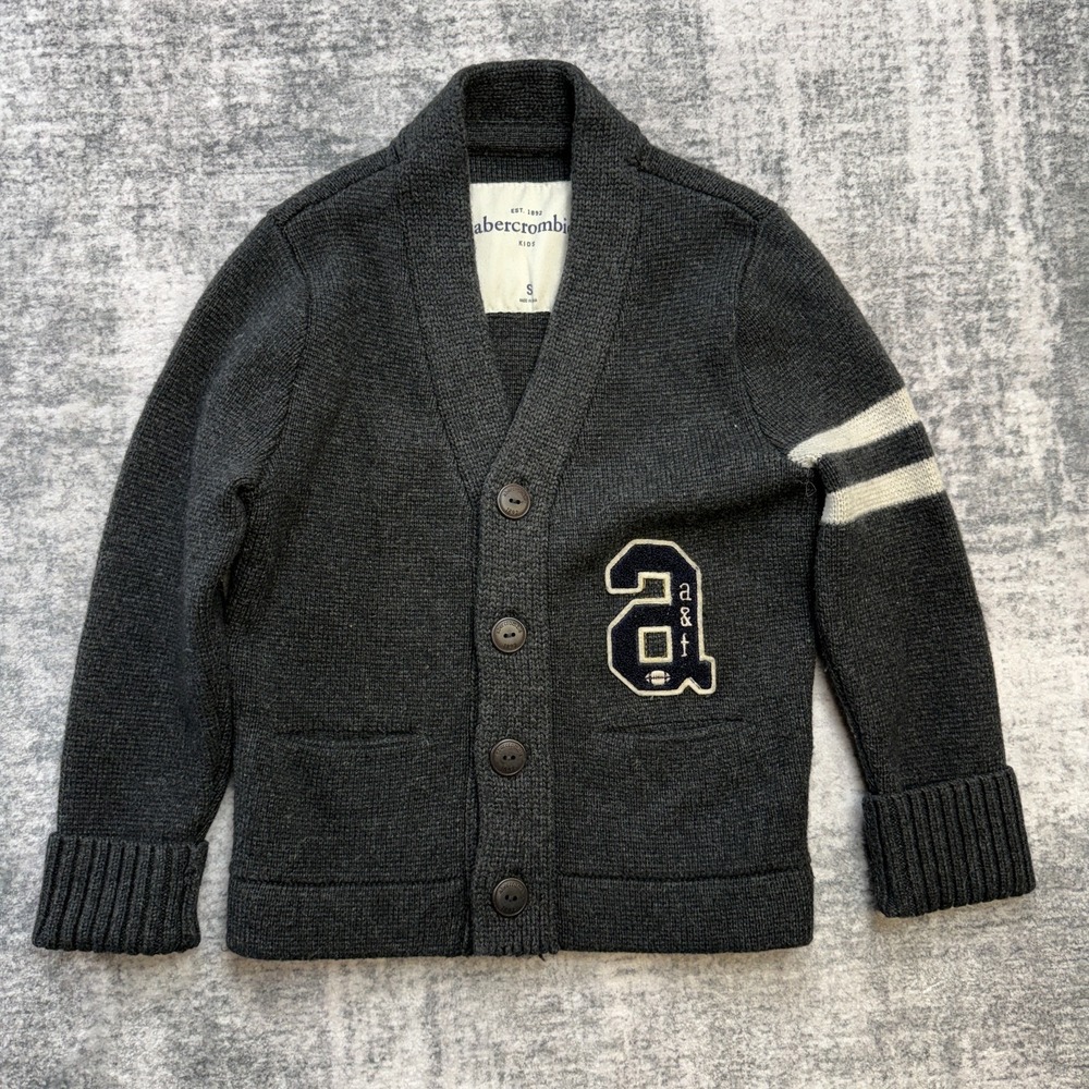 Abercrombie Kids Cardigan Sweater Small Charcoal Varsity Letterman Shawl Collar